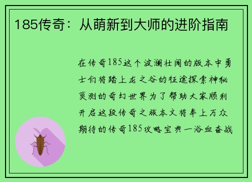 185传奇：从萌新到大师的进阶指南